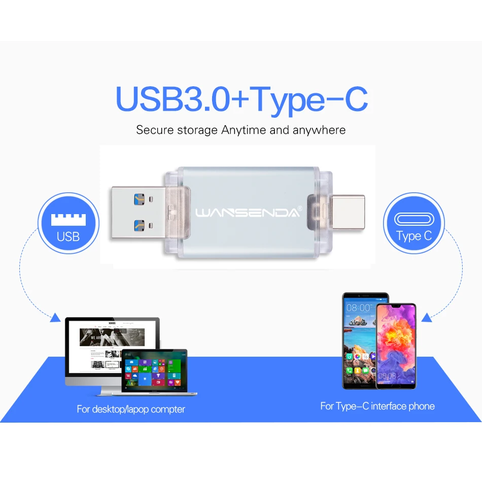 WANSENDA כונן הבזק מסוג USB 2 IN 1 USB 3.0 & Type C כונן עט 512GB 256GB 128GB 64GB 32GB Pendrive USB מקל זיכרון פלאש בדיסק . ' - ' . 1