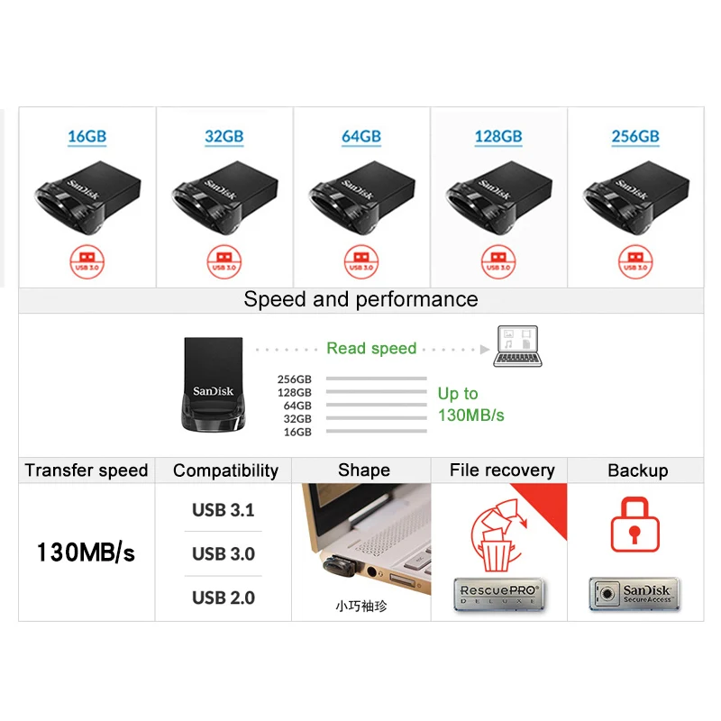 SanDisk CZ430 USB Flash Drive 16GB 32GB כונן עט 64GB 128GB USB 3.1 מיני Pendrive 130 MB/S USB . ' - ' . 1