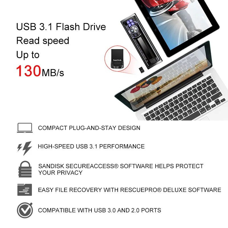 SanDisk CZ430 USB Flash Drive 16GB 32GB כונן עט 64GB 128GB USB 3.1 מיני Pendrive 130 MB/S USB . ' - ' . 2