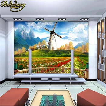 beibehang מותאם אישית האירופי טחנת הרוח בית הערבה רקע הטלוויזיה טחנת רוח בסגנון נורדי פרחים תמונת טפט לסלון