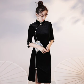 Cheongsam הסינית המסורתית השמלה נשים וינטאג שחור באמצע השרוול שמלות קצרות סין סגנון הבגדים ערב החתונה תחפושת