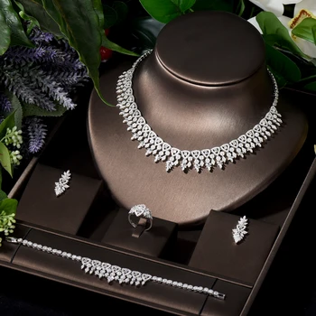 HIBRIDE משולש 4PCS שרשרת, עגילים סטים זרקונים תכשיטים מגדיר עבור נשים חתונת כלה אביזרי faux N-1183
