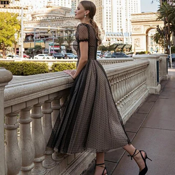 JEHETH מודרני שמלות לנשף 2023 עבור בנות שחור קצר פאף שרוולים קו נסיכת ערב שמלת תה באורך فساتين مناسبة رسمية