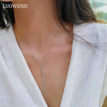 LUOWEND 100% זהב לבן 18K שרשרת יוקרה אמיתית יהלומים טבעיים אופנה בצורת Y ציצית עיצוב אירוסין תכשיטים לנשים