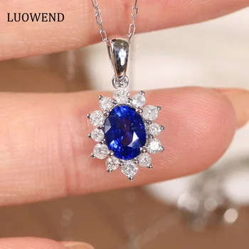 LUOWEND זהב לבן 18K עם תליון טבעי כחול שרשרת קלאסית בעיצוב תכשיטי יהלומים לנשים מתנות החג