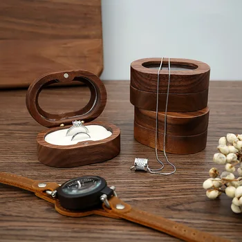 Personalizable אגוז שחור טבעת שרשרת עגיל תיבת אחסון אליפסה רטרו עץ טבעת אירוסין אחסון מעץ קופסת תכשיטים.
