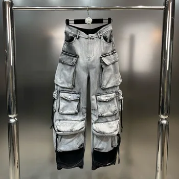 PREPOMP 2023 הסתיו קולקציה חדשה מרובת כיסים צבע אפור ג 'ינס מכנסי דגמ