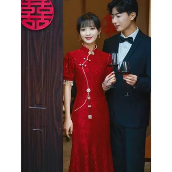 Yourqipao סיני Cheongsams שיפור אדום Cheongsam טוסט בגדי הכלה החתונה Fishtail האירוסין שמלת חצאית לנשים