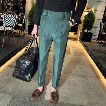 אופנה בסגנון בריטי גבוהה המותניים עיצוב צבע מוצק ישר המכנסיים נופלים קוריאני גברים של סלים עסקים רשמית אירוע מכנסיים
