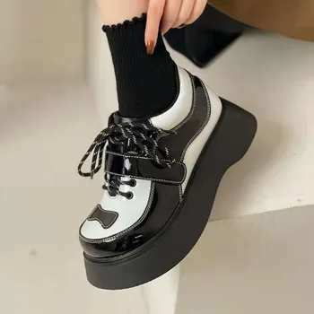 בסגנון בריטי קטן נעלי עור 2023 חדש האביב והסתיו בטלן נעלי מוגברת התחתונה עבה פלטפורמת נעלי שרוכים נעליים
