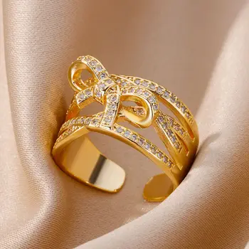 בציר זירקון Bowknot קשת הקשר טבעות לנשים, גברים נירוסטה החתונה טבעת אירוסין תכשיטי כלה מתנה bague פאטאל