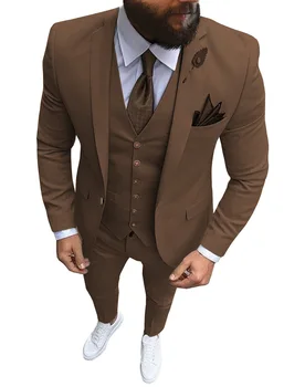 גברי חליפות 3 חלקים Slim Fit עסקי מזדמן שמפניה דש חאקי רשמית טוקסידו לחתונה השושבינים (קט+מכנסיים+וסט)