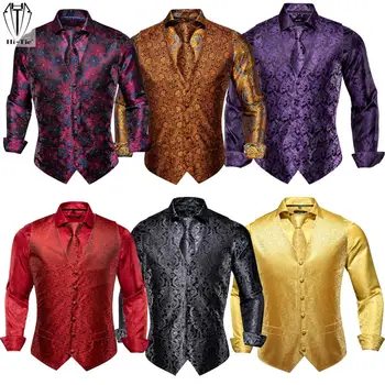 היי-עניבת משי Mens גופיות חולצות להגדיר ז 'קארד זהב שחור אדום כחול הז' קט החולצה בצוואר לקשור את המטפחת חפתים לגברים החתונה עסקים