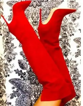 חורף אופנה חדשה אדום זמש הברך מגפיים גבוהים הבוהן מחודד העקב גבוהות מגפי העור באיכות גבוהה מגפי רכיבה ברזל דק עקבים אתחול