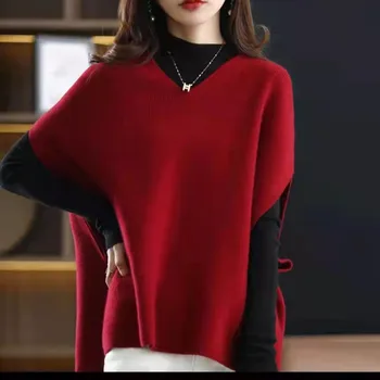 חיקוי צמר סרוג אפוד אביב סתיו 2023 חדש סוודרים של נשים V-צוואר מוצק מקרית חופשי קט Knited פנאי מעיל אדום