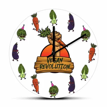 טבעוני המהפכה הדפסה שעון קיר צמחוני עיצוב המטבח בחדר האוכל ירקות כרוב, חצילים גזר קיר שעון