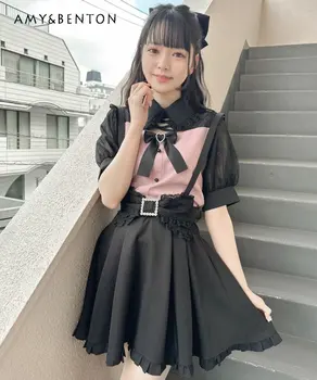 יפנית לוליטה נשים חולצת תחרה בצורת לב קשת הרזיה בסגנון יפני נקבה חולצות שרוול קצר מתוק העליון
