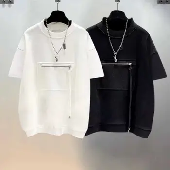 כיסי רוכסן קיץ, שרוול קצר חולצות גברים שחור לבן האופנה הענקית חולצה Harajuku 2023 מגמה בציר אופנת רחוב