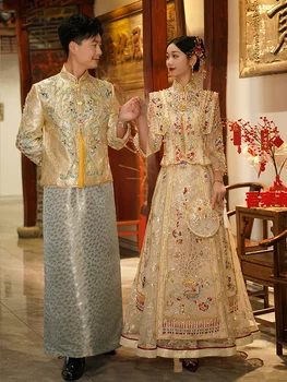נישואים החליפה הכלה טוסט בגדי וינטג 'חרוזים ציציות צ' יפאו סינית בסגנון נוצץ שמפניה פאייטים Cheongsam שמלת החתונה