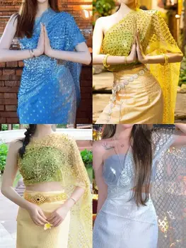 נשים קיץ צעיף לעטוף נצנצים חרוז רשת חולצות דרום מזרח אסיה בסגנון מסיבת פסטיבל דאי תאילנדי מסורתי תאילנד תחפושת