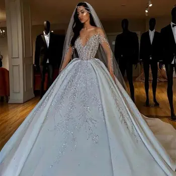 ערבית שמלת נשף שמלות חתונה גודל פלוס מתוקה ללא משענת רכבת לטאטא שמלות כלה תכשיט יוקרה חרוזים פאייטים שמלות ד
