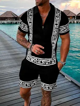 קיץ גברים חולצת פולו שרוול קצר 3D מודפס יוקרה רטרו פולו סט חולצות Trun למטה צווארון אימונית מזדמן חליפה 2 חלקים סטים