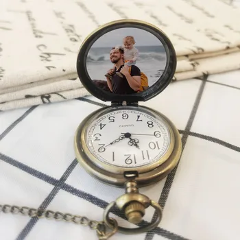 תמונה מותאמת אישית של טקסט רטרו חלקה קוורץ שעון כיס אישית בציר שחור נחושת צבע כסף עם תליון שעון אבות יום מתנה
